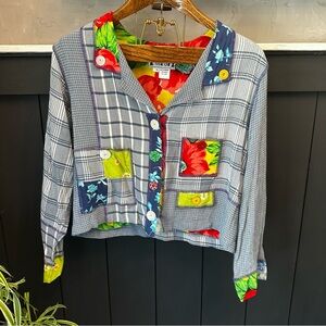 Vintage FAITH Bright Floral Plaid‎ Multi Color Button Patchwork Women's Jacket M